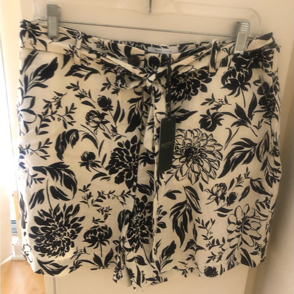 Floral Print Tie-Waist Shorts - Navy on Cream
